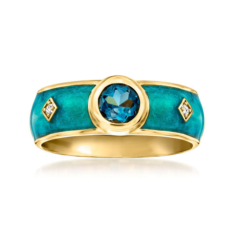 Gold-tone ring with round blue topaz center, turquoise enamel band, diamond accents