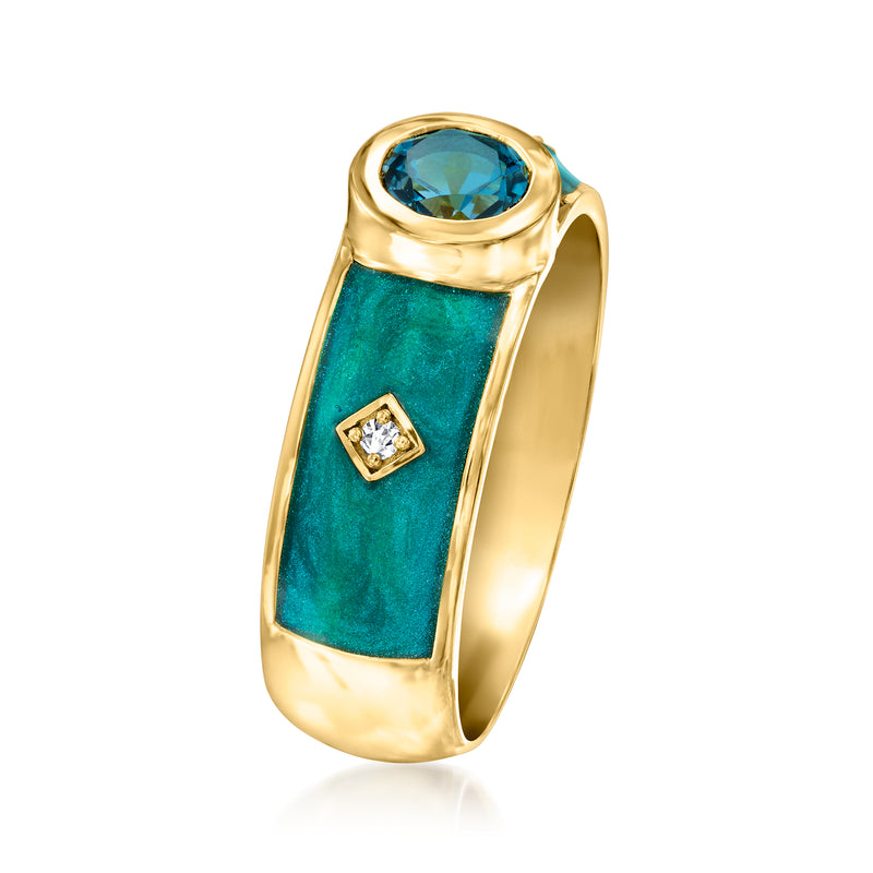 Gold-tone ring with round blue topaz setting, turquoise enamel panel, small diamond details