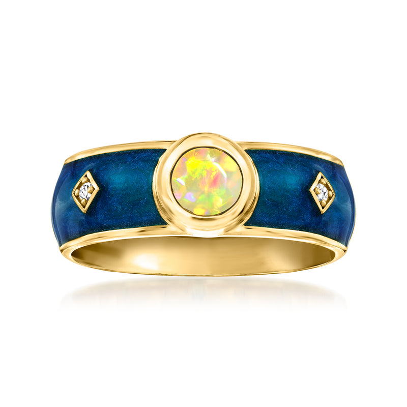 Gold ring with blue enamel band, oval opal center, and diamond accents