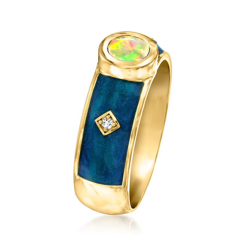 Gold ring with blue enamel side panel, oval opal center, and small diamond
