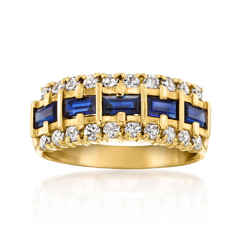 18k yellow gold vintage ring with blue sapphire rows and round diamond accents