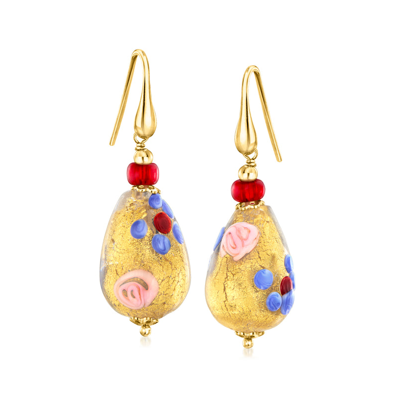 Gold over sterling drop earrings with gold Murano glass teardrop beads, multicolor floral details