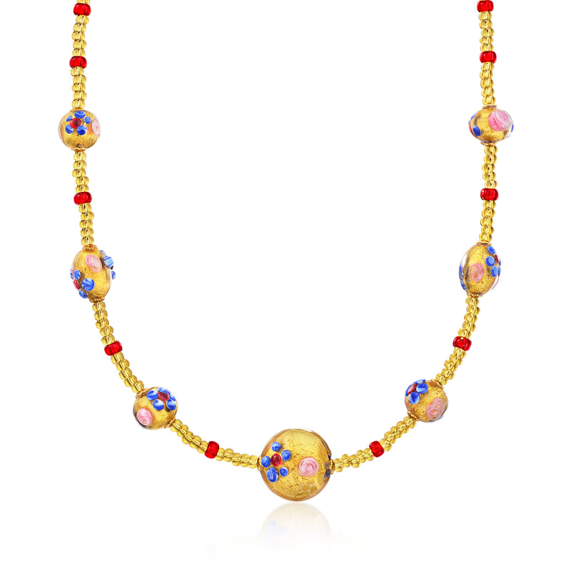 Multicolored Murano glass bead necklace with gold-tone chain and floral round beads