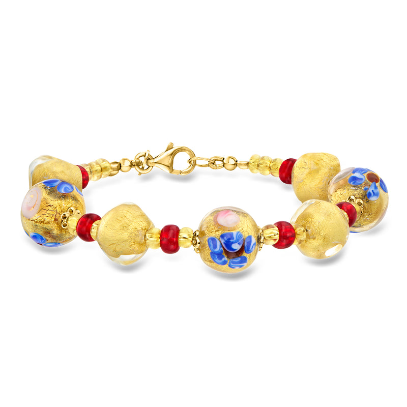 Gold-tone bead bracelet with red, blue, and pink Murano-style floral glass beads