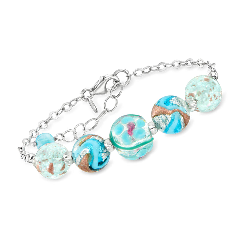 Sterling silver bracelet with multicolored Murano glass bead charms