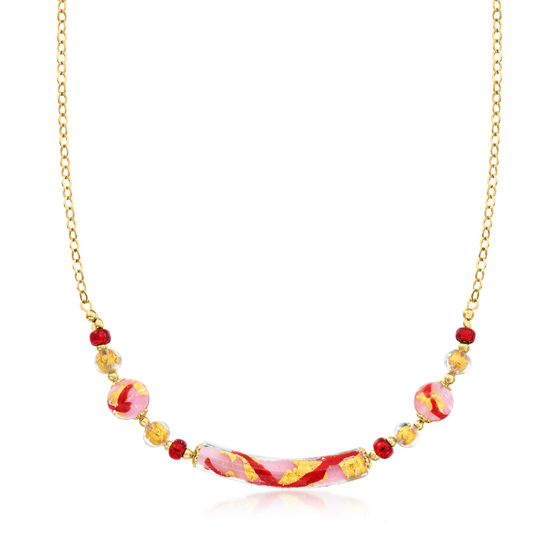 Multicolored Murano glass bead necklace with red and yellow beads, 18kt gold over sterling