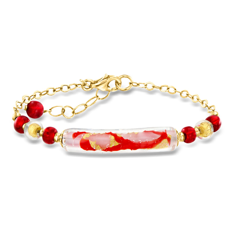 Murano glass bead bracelet with red beads, clear centerpiece, gold clasp