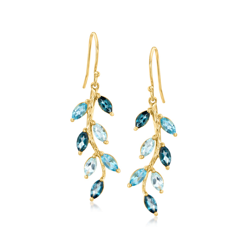 Gold drop earrings with blue and teal gemstone vine clusters on hook earwire