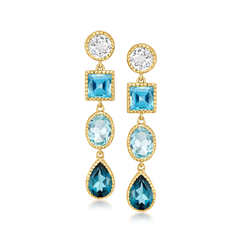 18kt gold over sterling drop earrings with blue and white topaz tiered stones