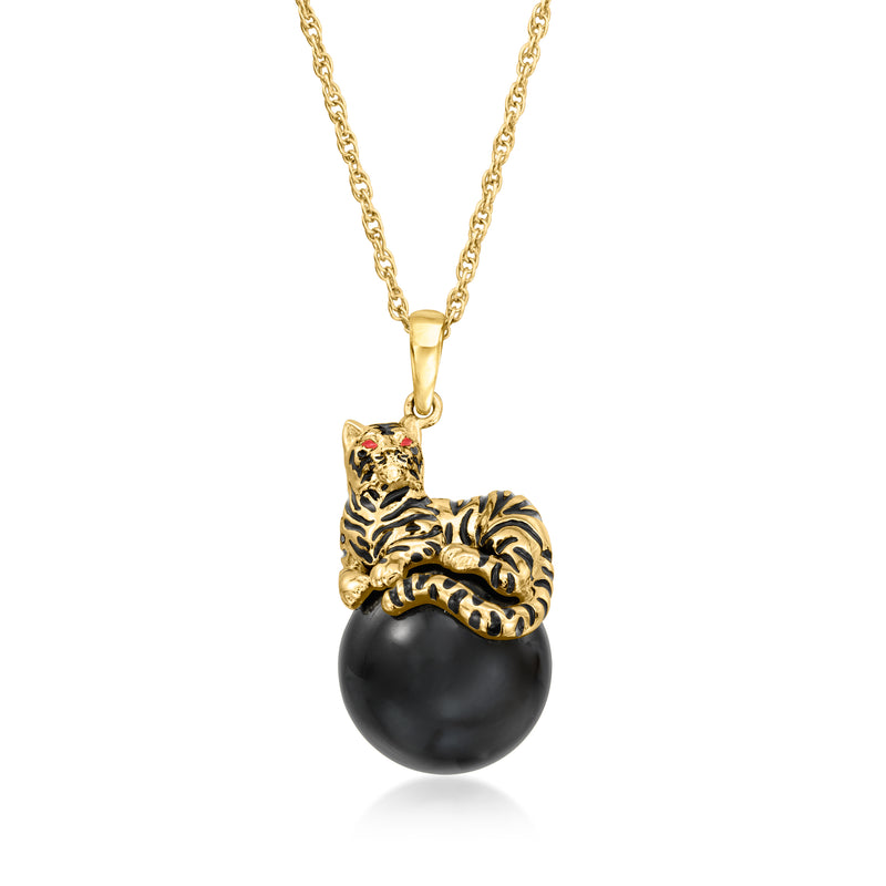 Gold over sterling pendant necklace with black agate bead and tiger head enamel charm