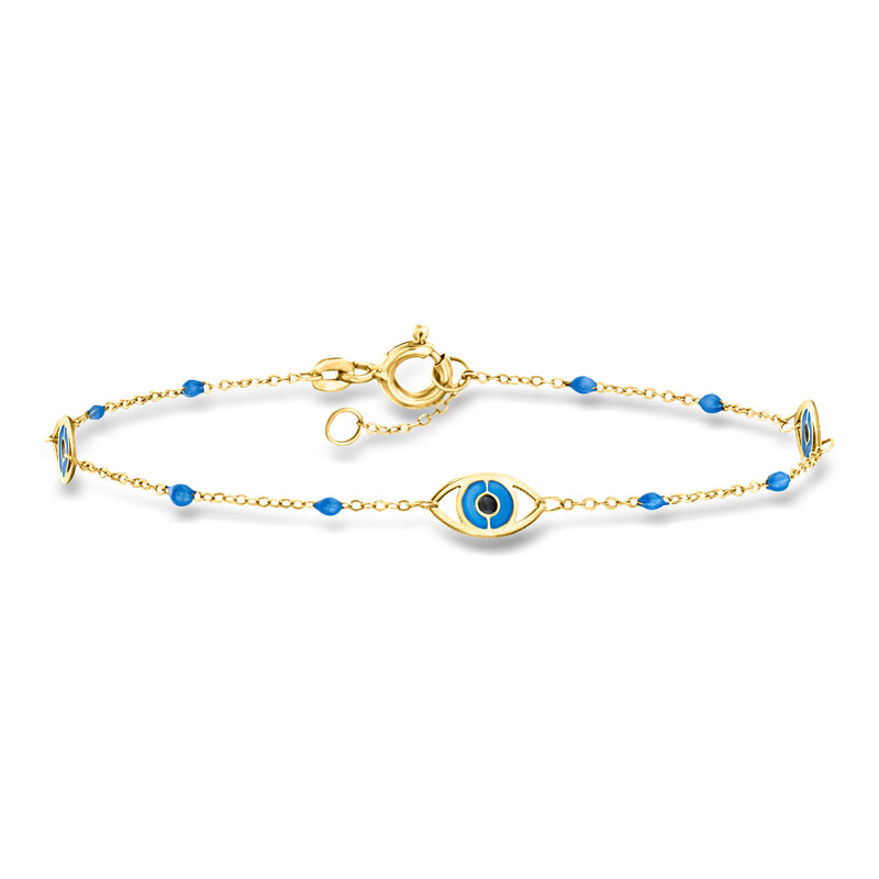 14kt yellow gold evil eye station bracelet with blue enamel eye charms and toggle clasp