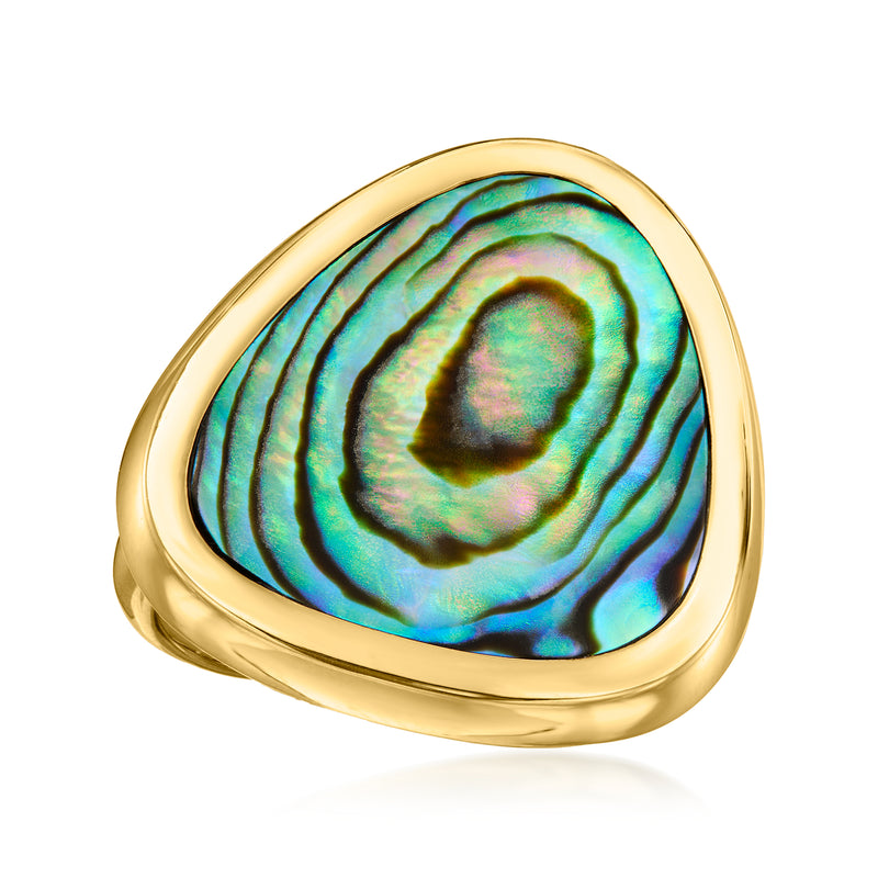 Triangular abalone shell ring with gold-tone bezel, iridescent green-blue center