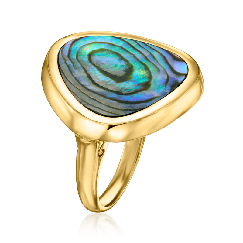 Gold-tone triangular abalone shell ring, slim band with glossy iridescent inlay