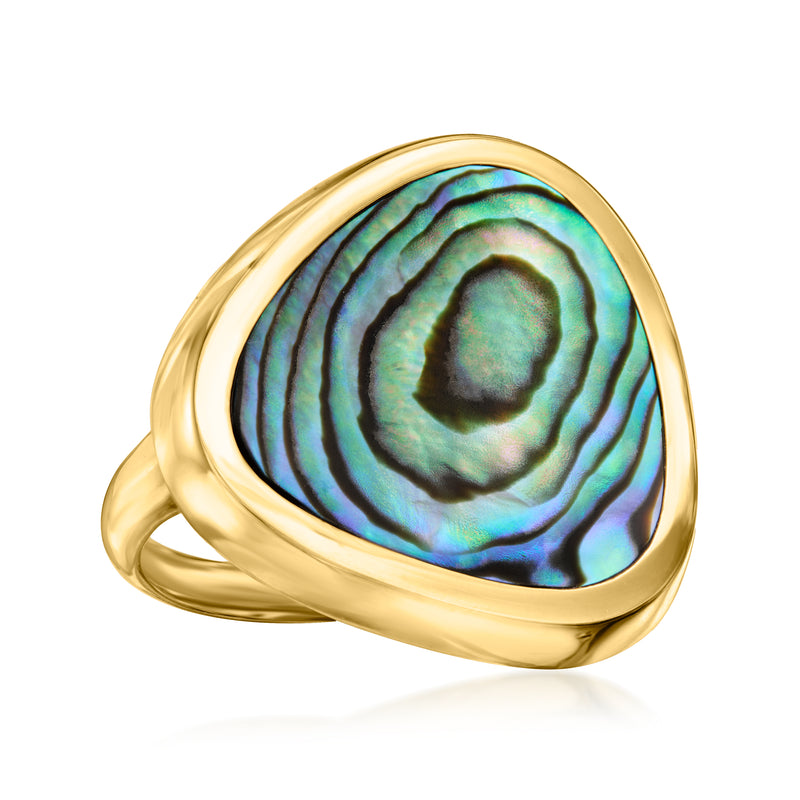 Triangular abalone shell statement ring in gold-tone, iridescent green-blue pattern