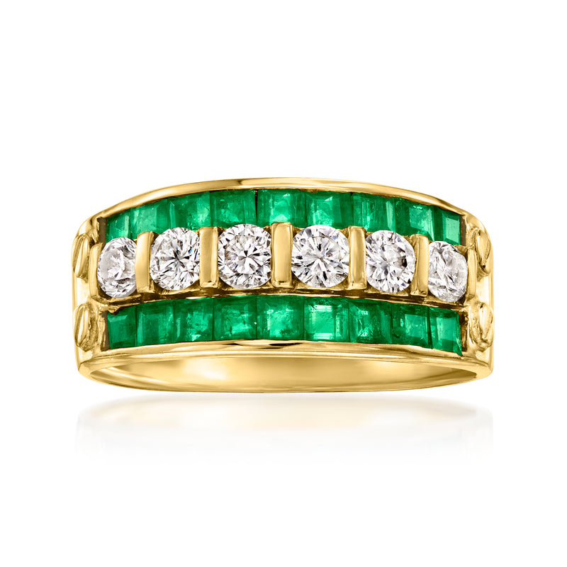 18kt yellow gold vintage ring with emerald green center and diamond row accents