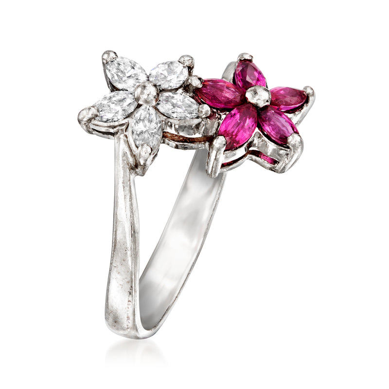 Platinum floral bypass ring with pink ruby and white diamond flowers, open band