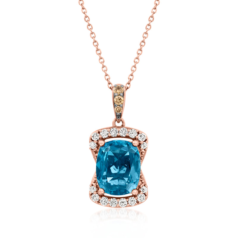 Rose gold pendant necklace with blue topaz center and diamond halo, rose chain