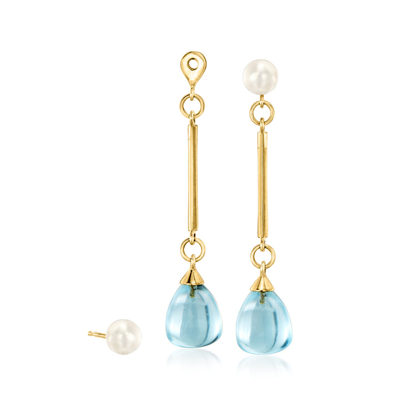 18kt yellow gold drop earrings with pearls and blue teardrop gemstones