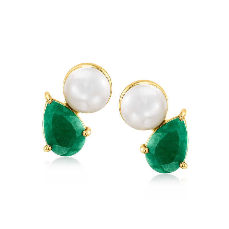 Gold-tone toi et moi stud earrings with round white pearl and green pear-shaped gemstones