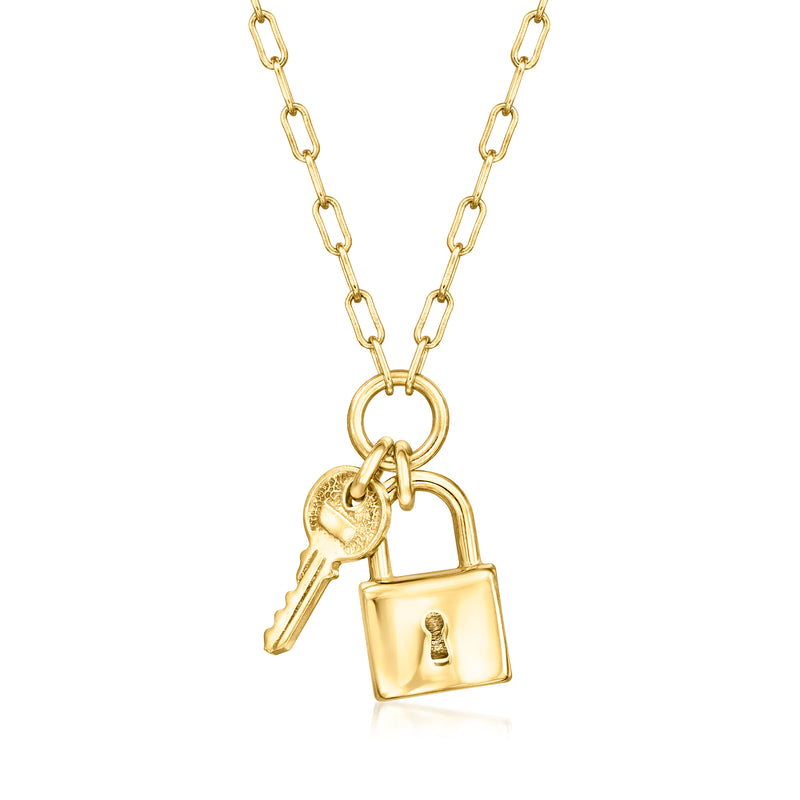 Gold lock and key charm paper-clip link necklace