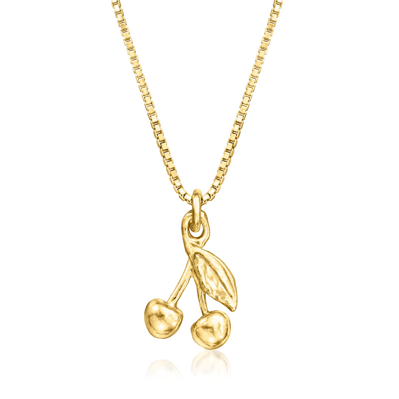 Gold vermeil cherry necklace with two dangling cherry charms and leaf pendant
