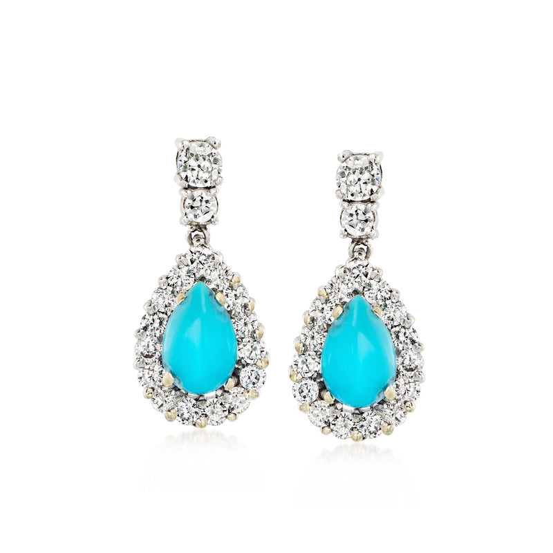 Turquoise teardrop drop earrings with diamond halo in white gold, vintage style