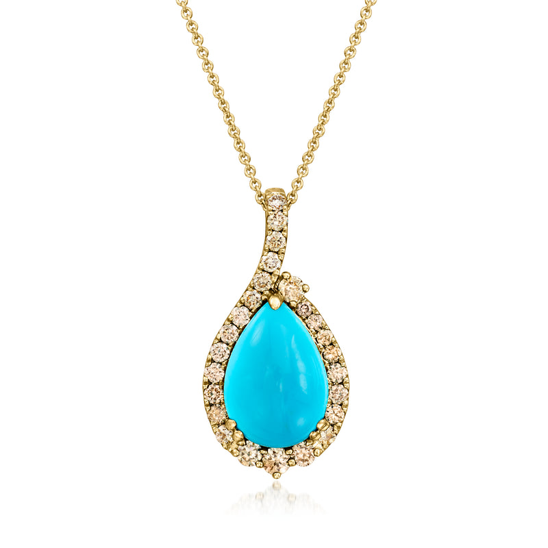 Gold pendant necklace with pear turquoise teardrop stone and diamond halo