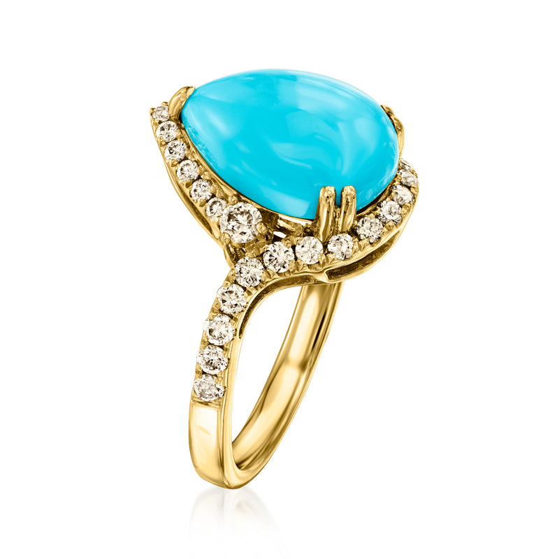 Le Vian pear blue turquoise ring with diamond halo and curved band in honey gold