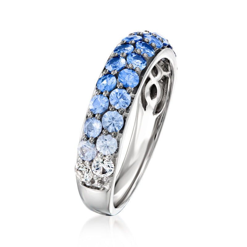 Ombre band ring with round blue stones along the top, silver-toned setting