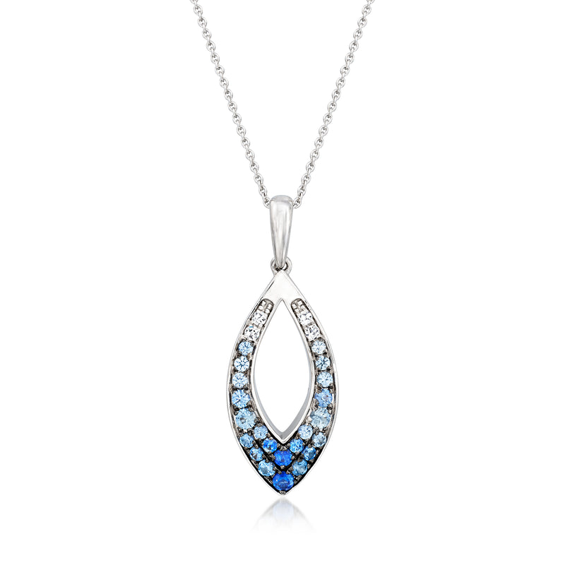 Teardrop pendant necklace with blue ombre stones and white center