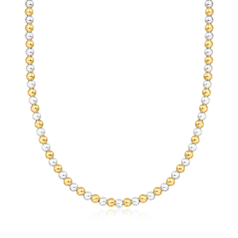 Italian bead necklace with alternating gold and silver round beads on a silver chain