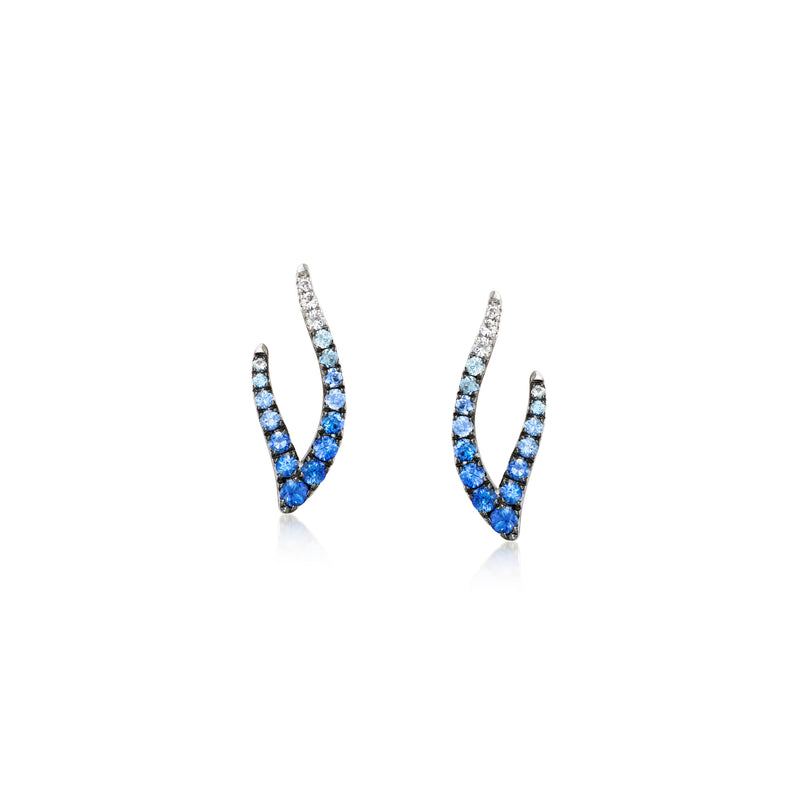 Wave-shaped ombre sapphire earrings with white accents, post backs, gold-toned setting.