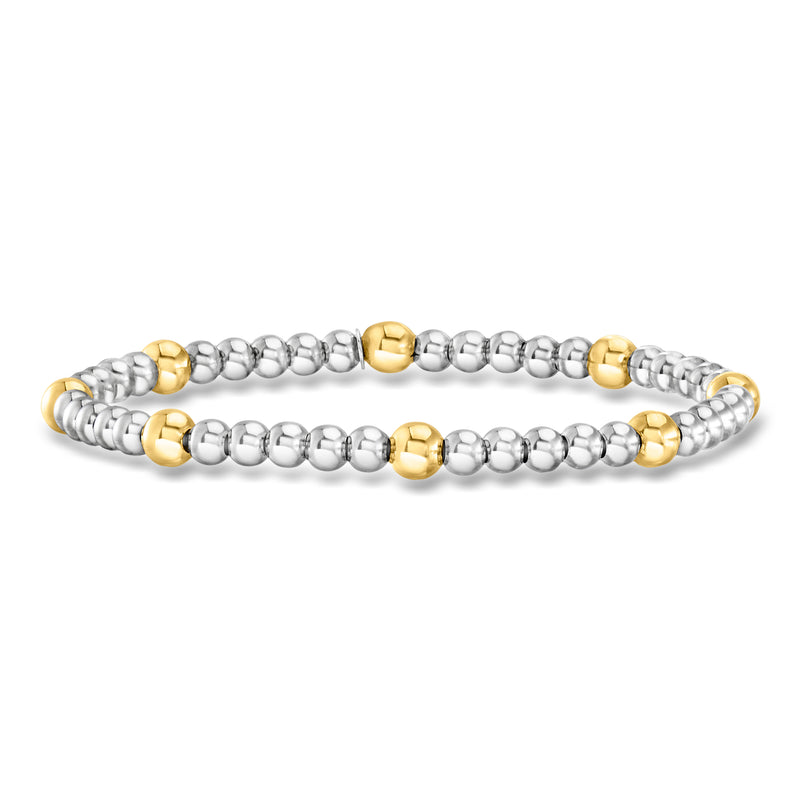 Sterling silver bead stretch bracelet with round 18kt gold accents, linked pattern