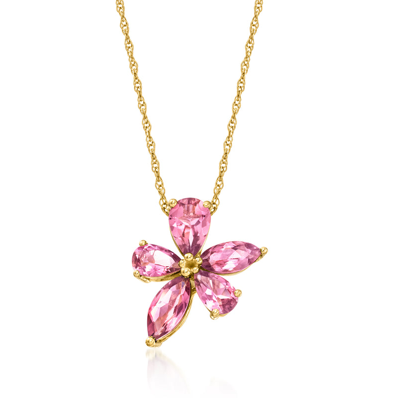 14kt yellow gold necklace with pink tourmaline flower pendant, five marquise stones