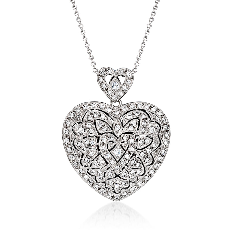 Diamond heart locket necklace in white gold, front view