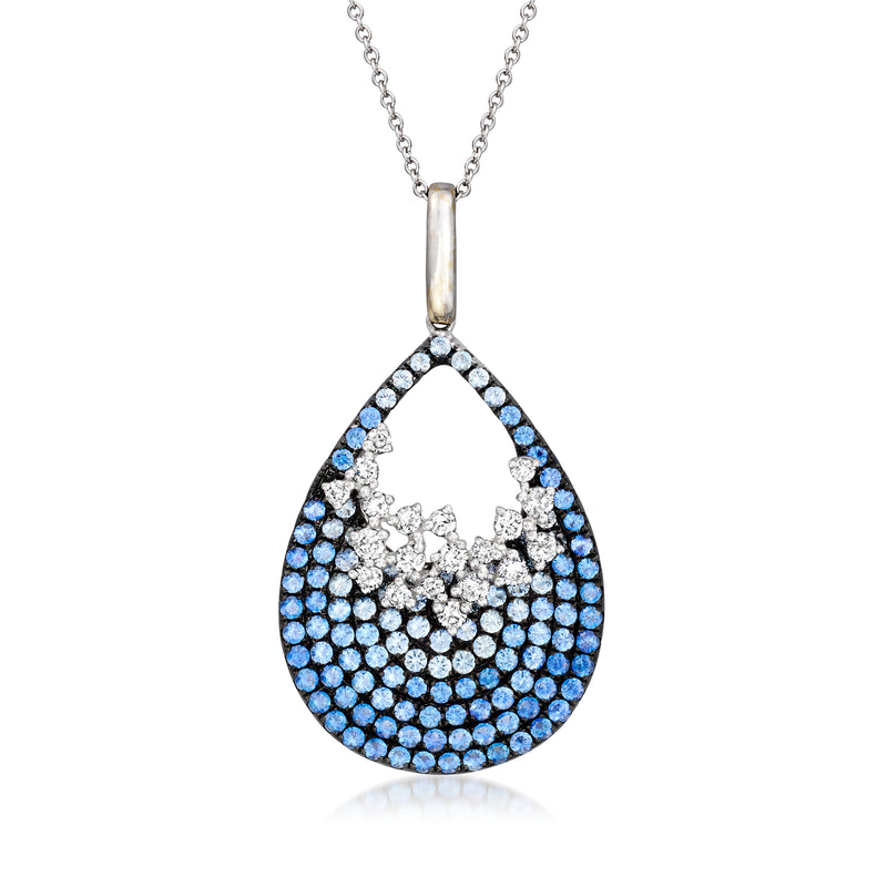 Blue sapphire and diamond teardrop pendant necklace in white gold