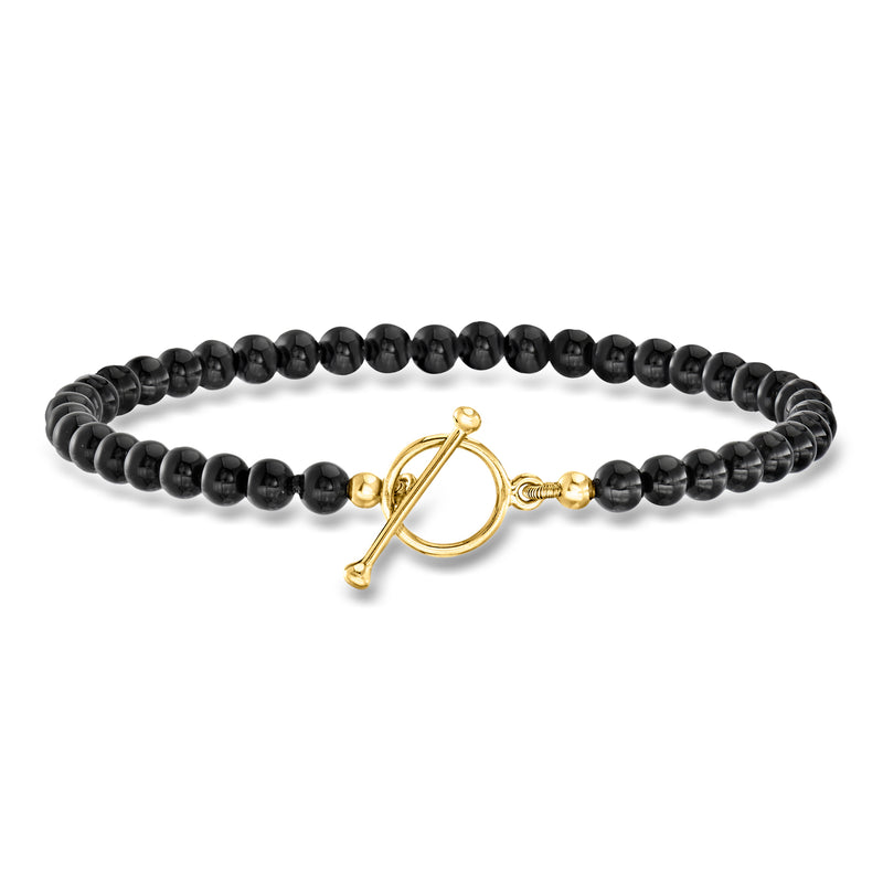 Onyx bead charm bracelet with 18kt gold toggle clasp and D-link charm at center