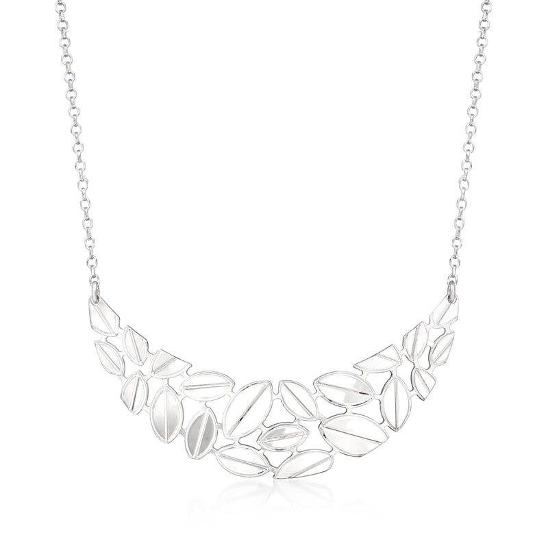Sterling silver leaf bib necklace with linked chain and scalloped leaf design