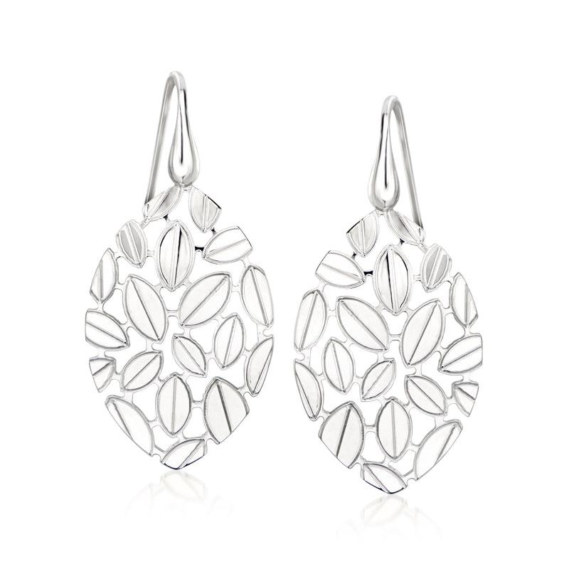 Sterling silver oval leaf cluster drop earrings with earwire hooks, shown as a pair.