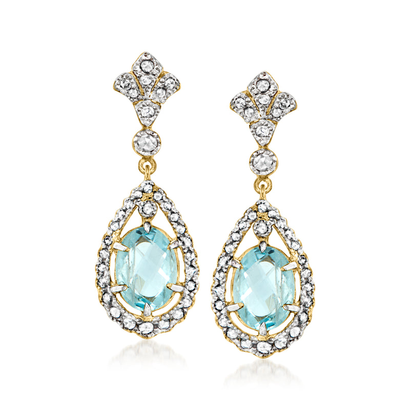 Gold-tone drop earrings with pear-cut blue aquamarine and diamond-like accents