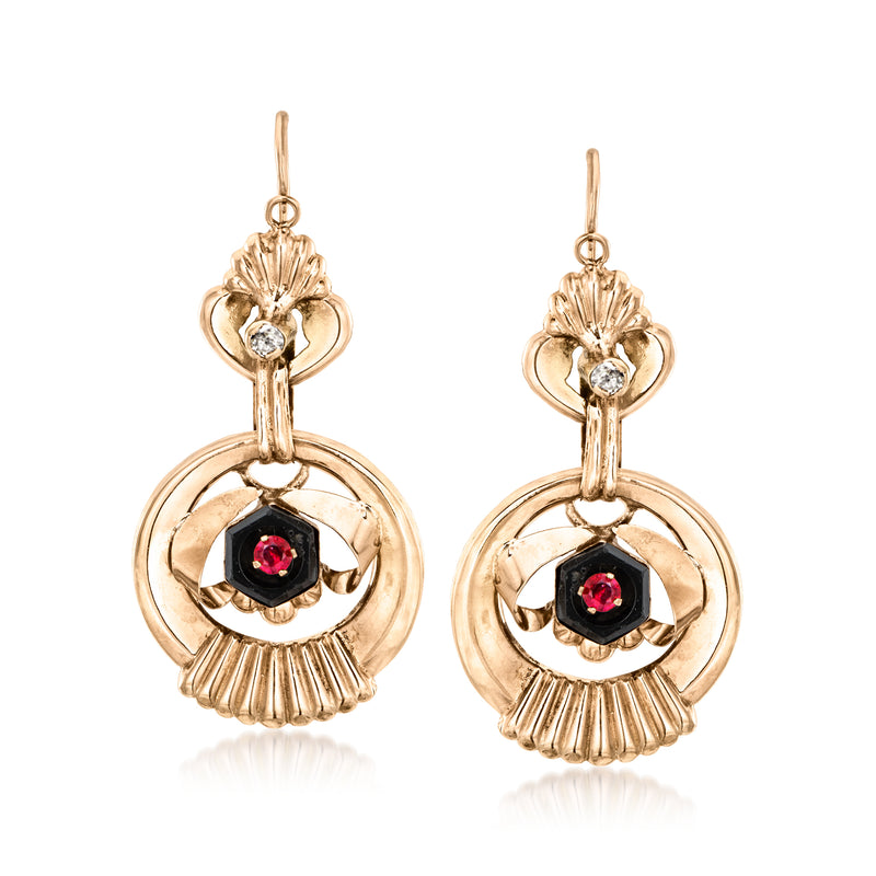 18kt yellow gold leverback drop earrings with red ruby center and small clear diamonds