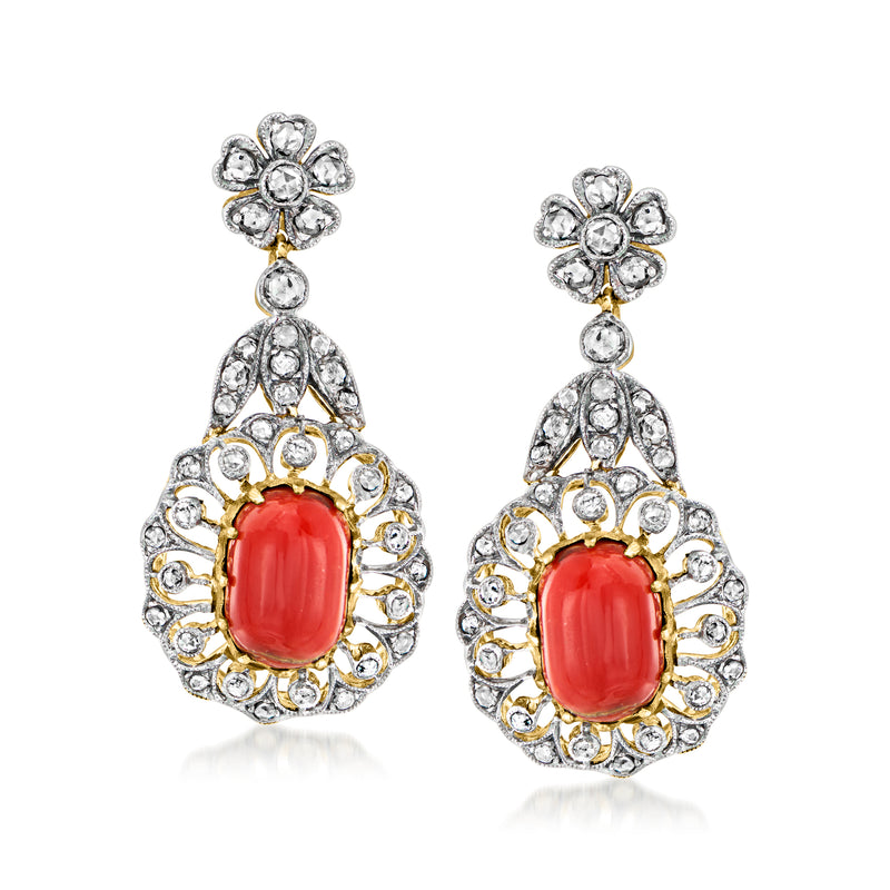Vintage coral red oval drop earrings with diamond-like stones and gold-toned accents