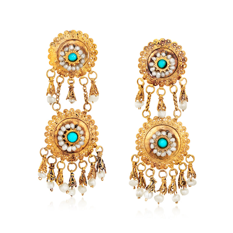 14kt yellow gold turquoise and cultured pearl drop earrings with chandelier tassels