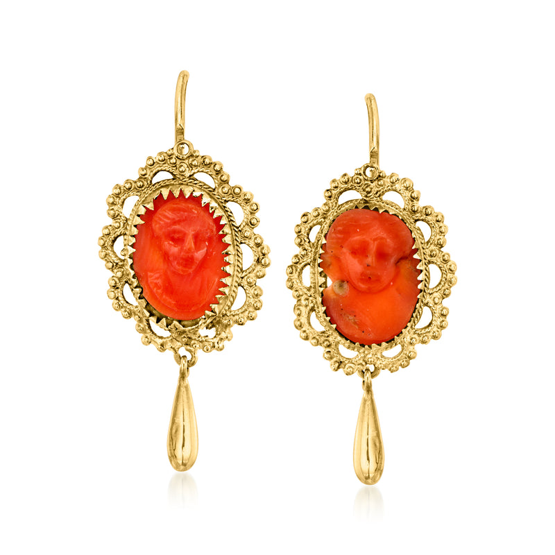 Vintage coral cameo drop earrings, 14kt yellow gold filigree oval with red stone
