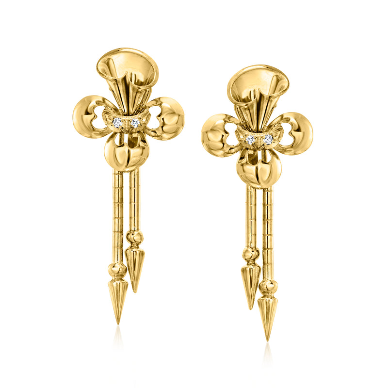 Vintage 18k yellow gold bow drop earrings with diamond accents