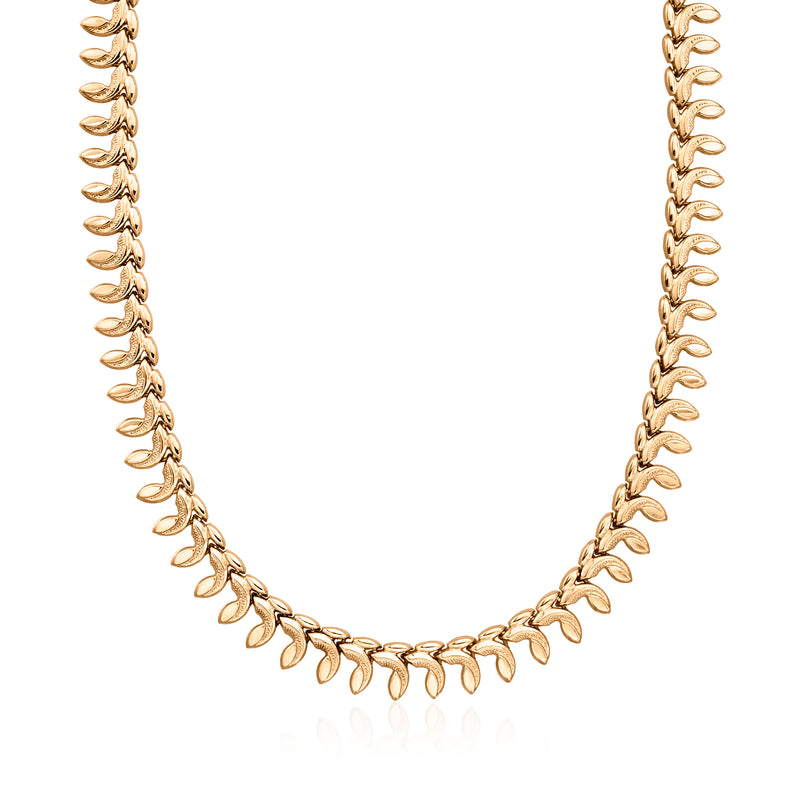 Vintage rose gold collar necklace with linked leaf-motif chain