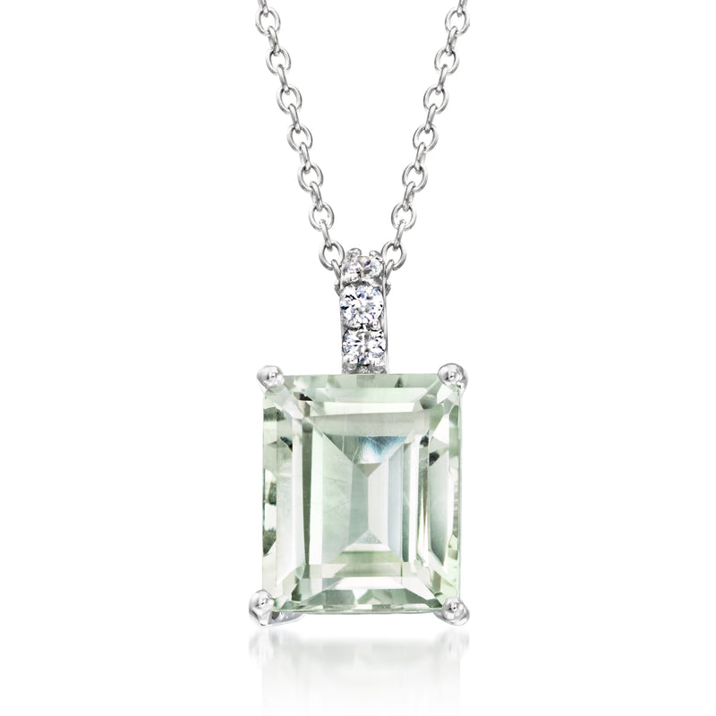 Sterling silver prasiolite pendant necklace with emerald-cut green gemstone and white zircons