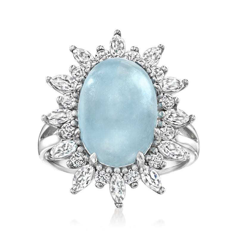 Sterling silver ring with oval aquamarine center and marquise crystal accents