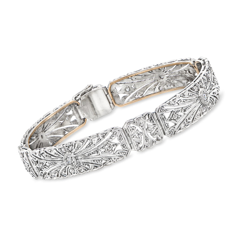 Vintage diamond filigree bracelet in sterling silver with clear stone accents, hinged clasp