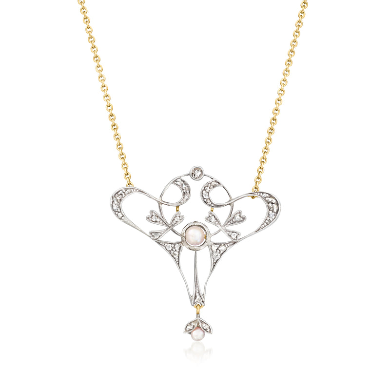 Pearl and diamond pendant necklace with filigree, teardrop pearl centerpiece, gold chain